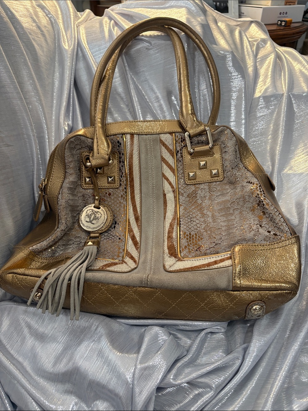 Brand New Sharif Gold Metallic and Taupe Embossed Satchel with Tassel Charm